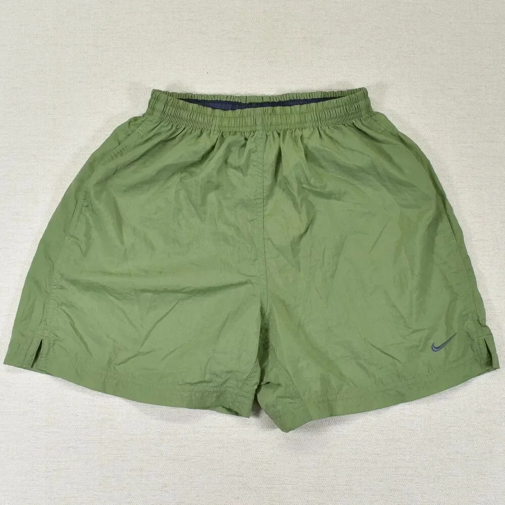 Nike Boys M 8-10 Green Athletic Nylon Shorts Windbreaker Unlined Swoosh Y2K